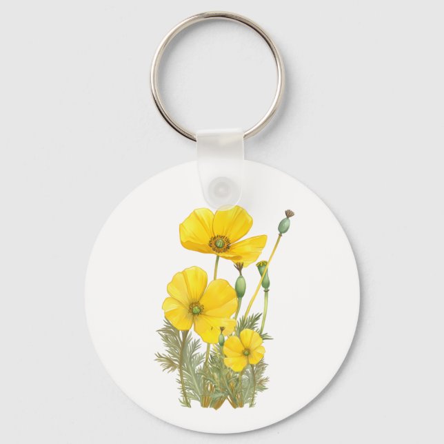 Watercolor California Poppy Gult Flower Nyckelring (Framsida)
