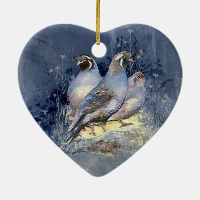 Watercolor California Quail Bird in Blue Julgransprydnad Keramik (Baksidan)