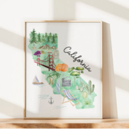 Watercolor California State Art Karta Poster