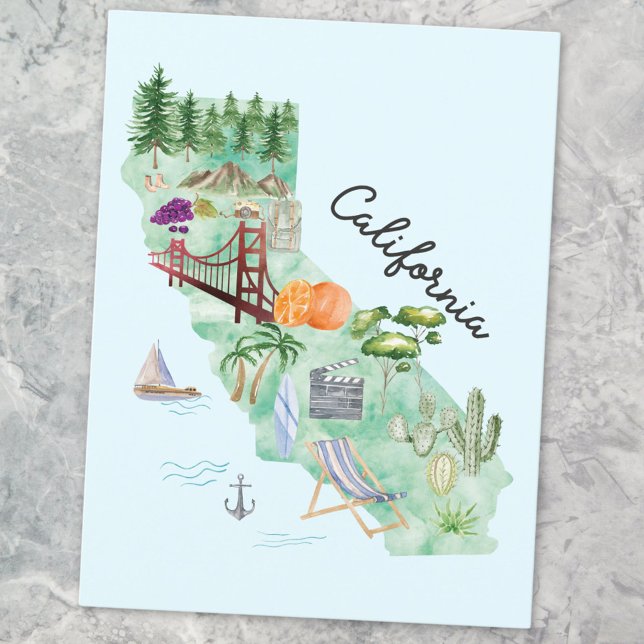 Watercolor California State Art Karta Vykort (Close up)