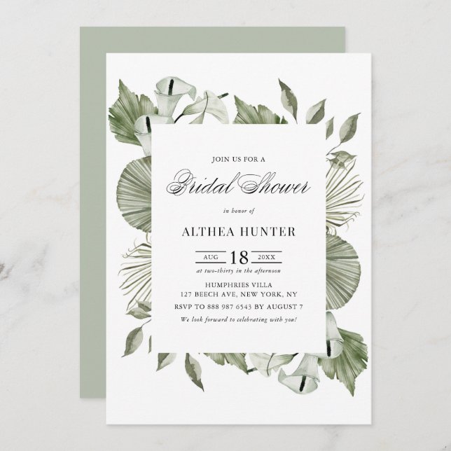 Watercolor Calla Lily och Greenery Möhippa Inbjudningar (Fram/baksida)