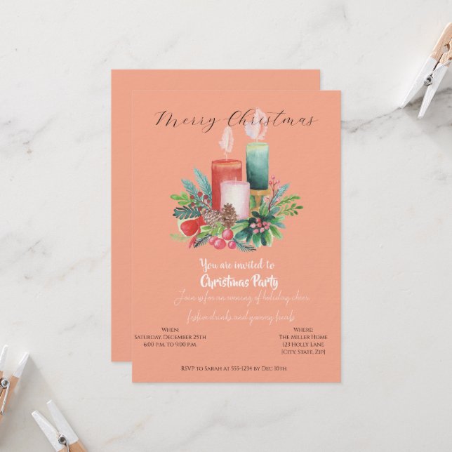Watercolor Candlelight Christmas invitation Card Inbjudningar (Fram/Back In Situ)