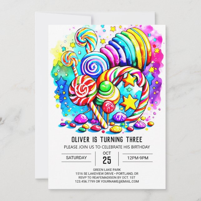 Watercolor Candyland Birthday Inbjudningar (Framsida)