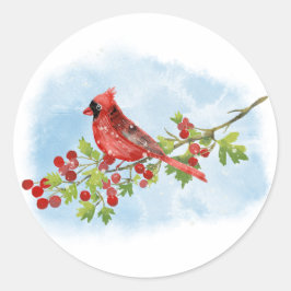 Watercolor Cardinal Bird on Berry Branch  Runt Klistermärke
