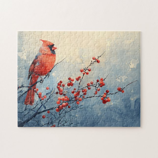 Watercolor Cardinal Bird Red Berries Pussel (Horisontell)
