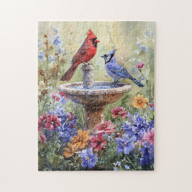 Watercolor Cardinal och Blue Jay Pussel (Vertikal)