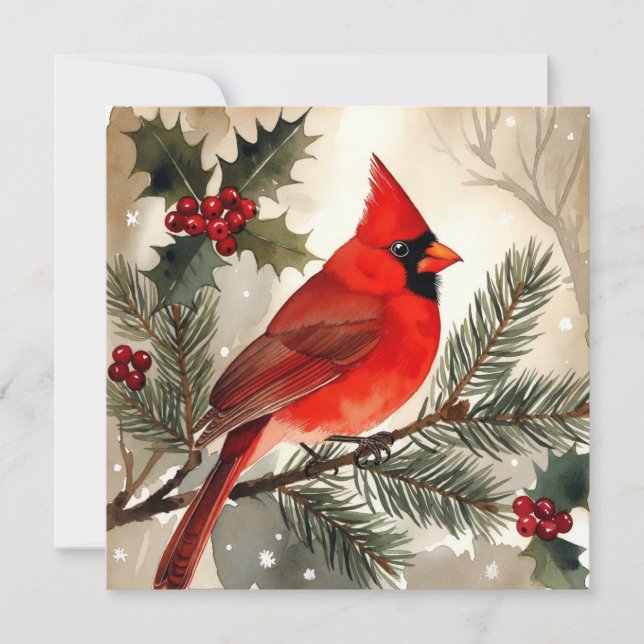 Watercolor Cardinal on Snowy Pine Branch Flat Card (Framsida)