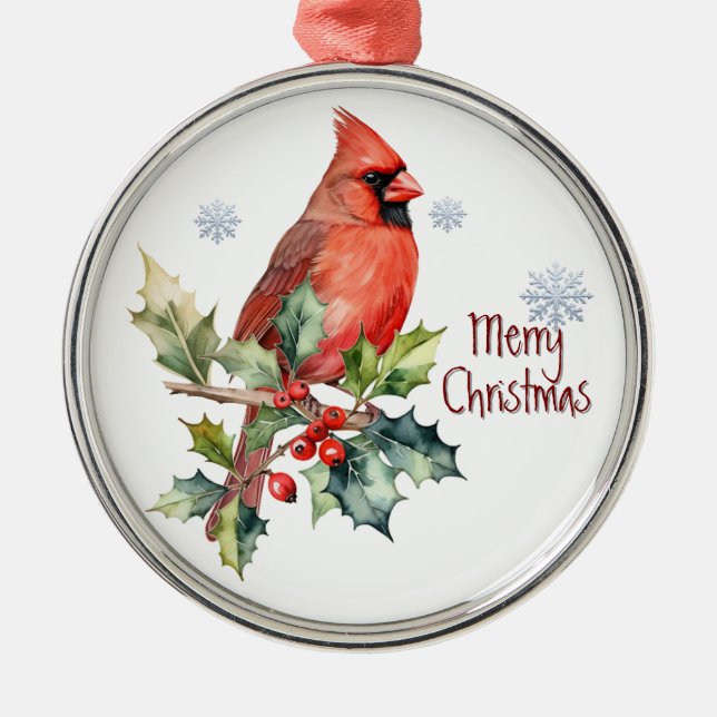 Watercolor Cardinal Red Bird Winter Forest Julgransprydnad Metall (Framsidan)