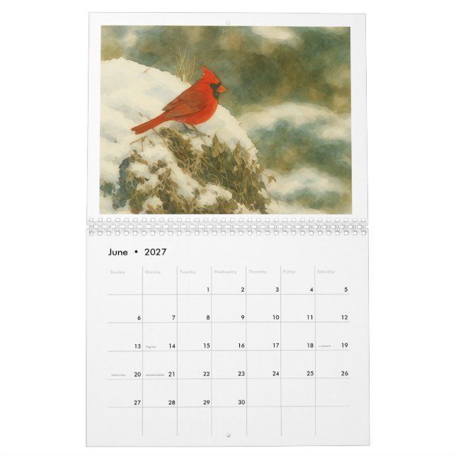Watercolor Cardinals 2026 Kalender (Jun 2027)