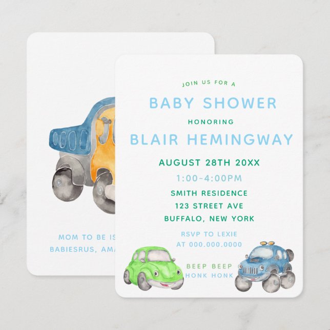 Watercolor Cars Boy Baby Shower Inbjudningar (Fram/baksida)