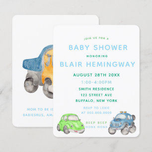 Watercolor Cars Boy Baby Shower Inbjudningar