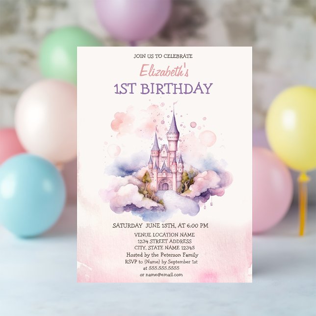 Watercolor Castle Clouds Fairytale Birthday Inbjudningar (Skapare uppladdad)