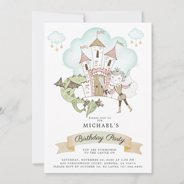 Watercolor Castle Prince Dragon Birthday Inbjudningar (Framsida)