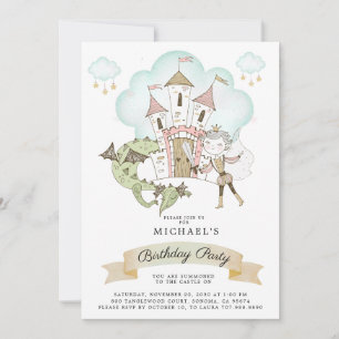 Watercolor Castle Prince Dragon Birthday Inbjudningar