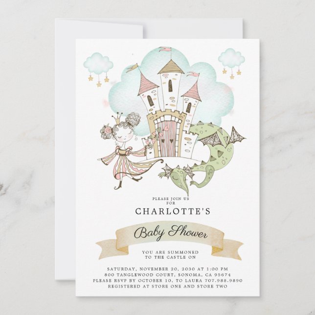 Watercolor Castle Princess Dragon Baby Shower Inbjudningar (Framsida)