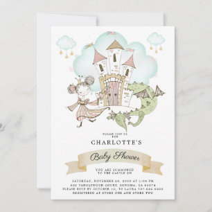 Watercolor Castle Princess Dragon Baby Shower Inbjudningar