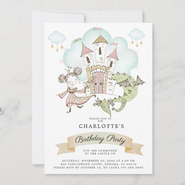 Watercolor Castle Princess Dragon Girl's Birthday Inbjudningar (Framsida)