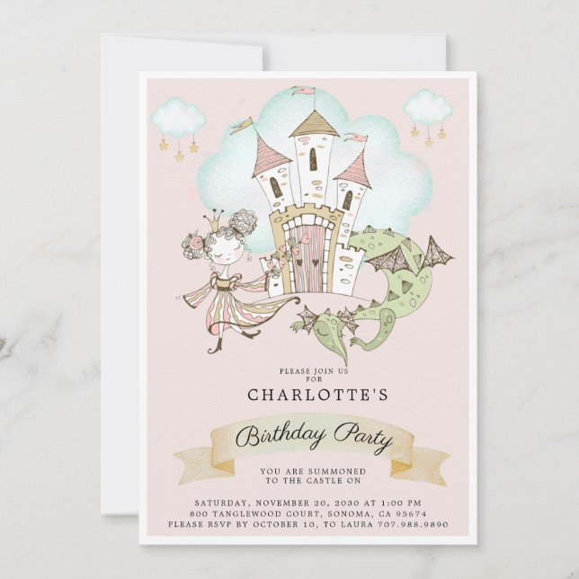 Watercolor Castle Princess Dragon Rosa Birthday Inbjudningar (Framsida)