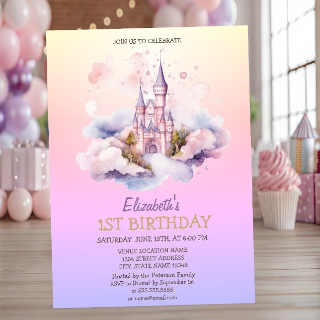 Watercolor Castle Princess Ombre Birthday Inbjudningar (Skapare uppladdad)