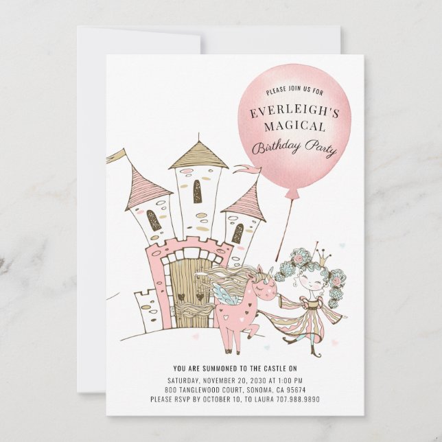 Watercolor Castle Princess Unicorn Birthday Inbjudningar (Framsida)