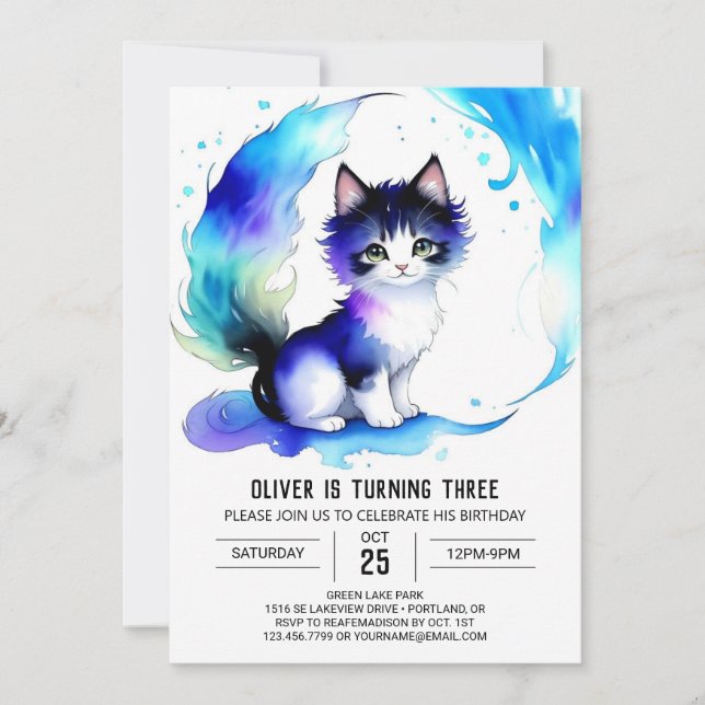 Watercolor Cat Bohemian Birthday Inbjudningar (Framsida)