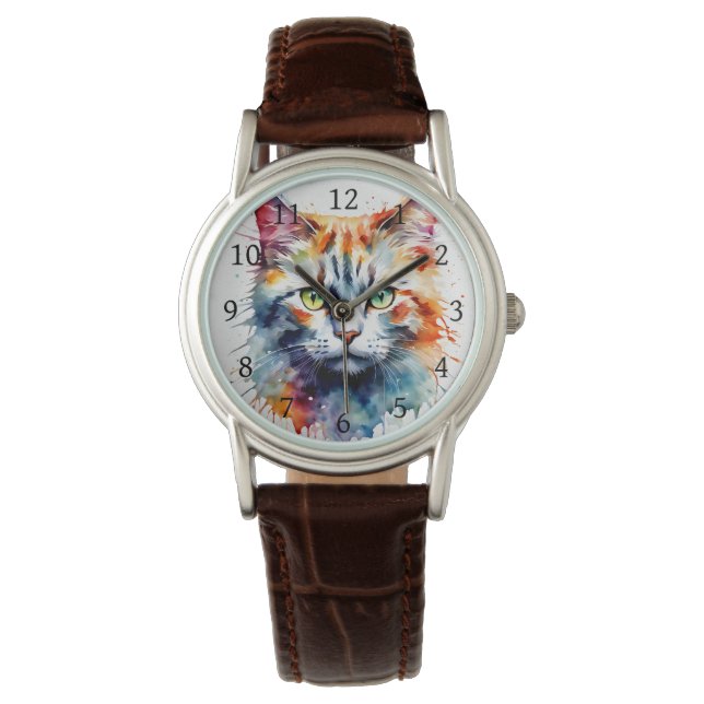 Watercolor Cat Multicolor Splash art Armbandsur (Framsida)