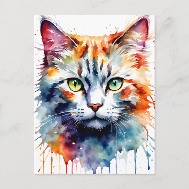 Watercolor Cat Multicolor Splash art Vykort (Framsida)