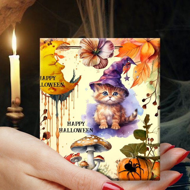 Watercolor Cat Witch Happy halloween Presentpapper (Halloween wrapping paper featuring a kitty dressed up as witch, surrounded by a colorful design)