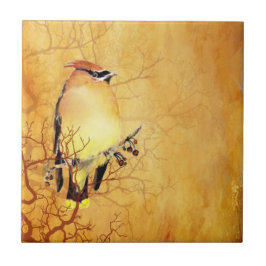 Watercolor Cedar Waxwing Birdlife Art Kakelplatta