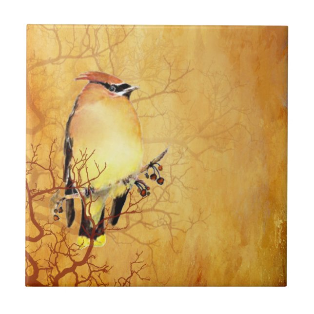 Watercolor Cedar Waxwing Birdlife Art Kakelplatta (Framsidan)