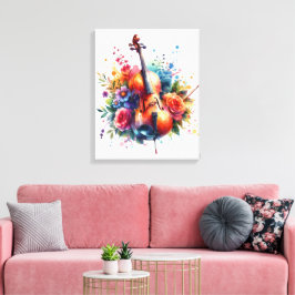 Watercolor Cello och Flowers Canvastryck