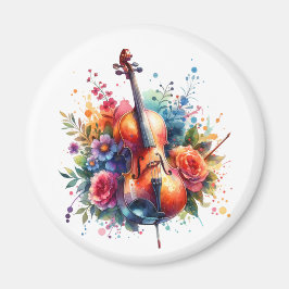 Watercolor Cello och Flowers Magnet