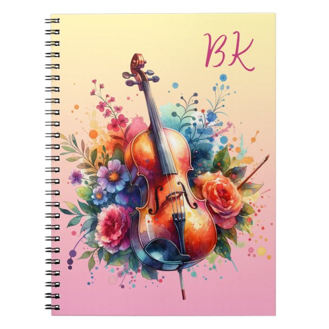 Watercolor Cello och Flowers Personalized Anteckningsbok (Framsidan)