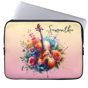 Watercolor Cello och Flowers Personalized Laptop Fodral