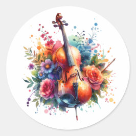 Watercolor Cello och Flowers Runt Klistermärke