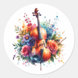 Watercolor Cello och Flowers Runt Klistermärke