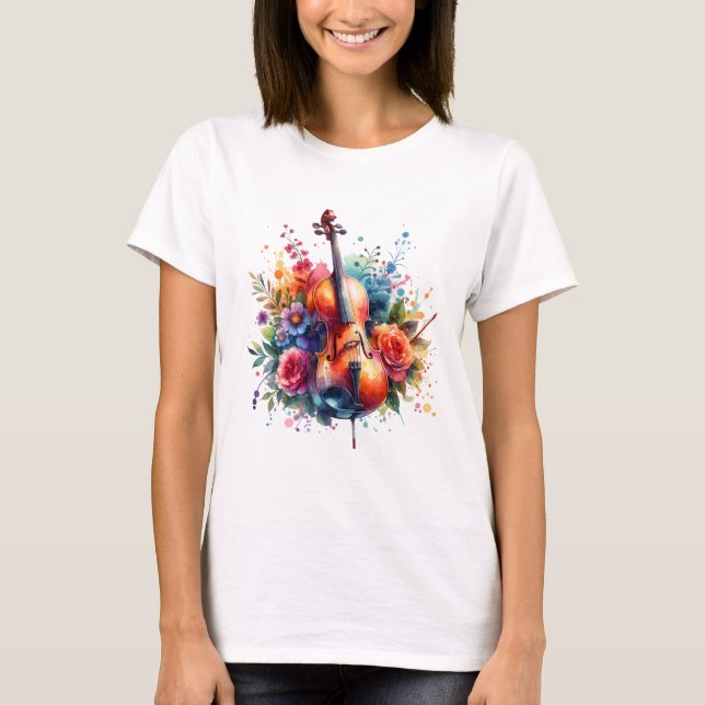 Watercolor Cello och Flowers T Shirt (Framsida)