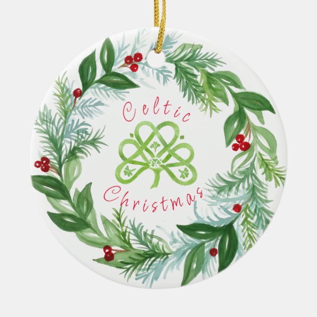 Watercolor Celtic Christmas Wreath PERSONALIZE  Julgransprydnad Keramik (Framsidan)