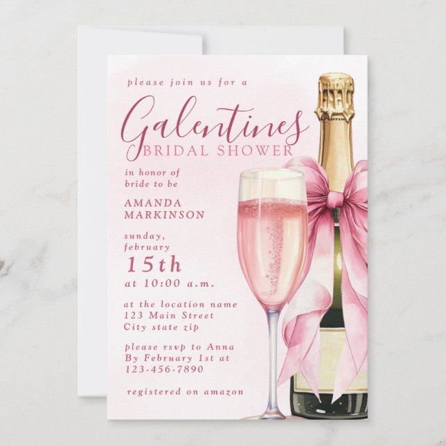 Watercolor Champagne Galentines Bridal Shower Inbjudningar (Framsida)