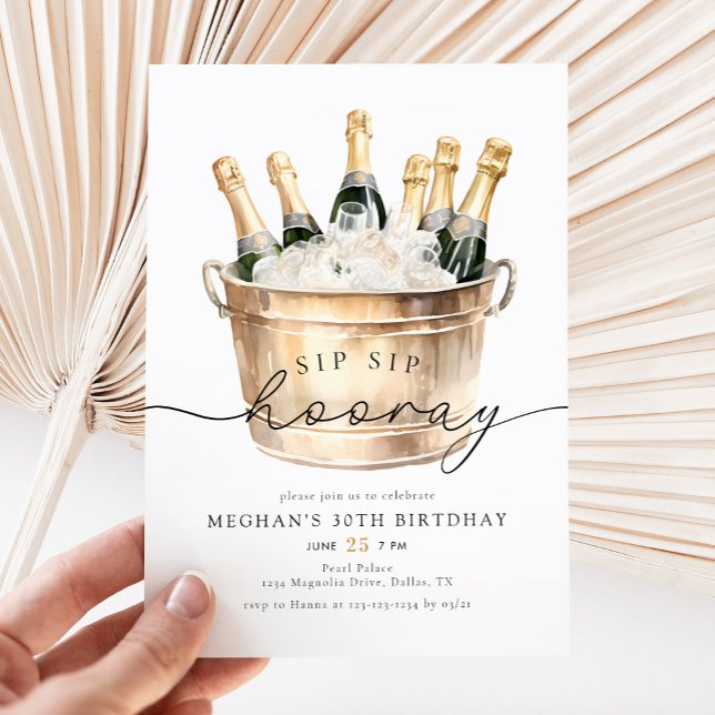 Watercolor Champagne Sip Sip Hooray Födelsedagsfes Inbjudningar (Skapare uppladdad)