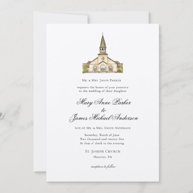 Watercolor Chapel Christian Bröllop Inbjudningar (Framsida)