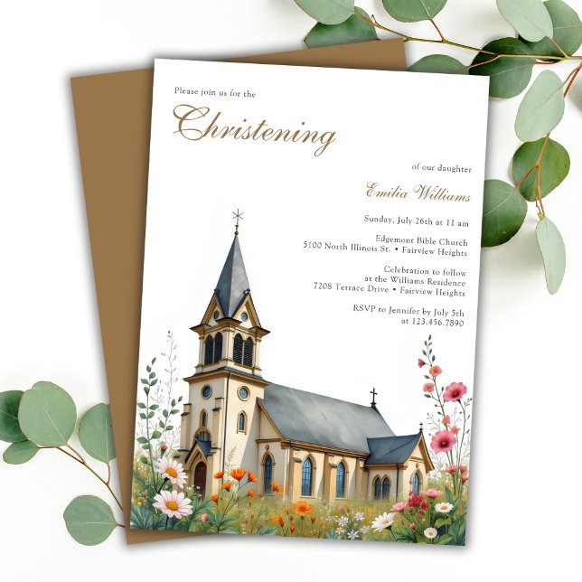 Watercolor Charming Church Baptism Christening Inbjudningar (Watercolor Charming Church Baptism Christening Invitation)