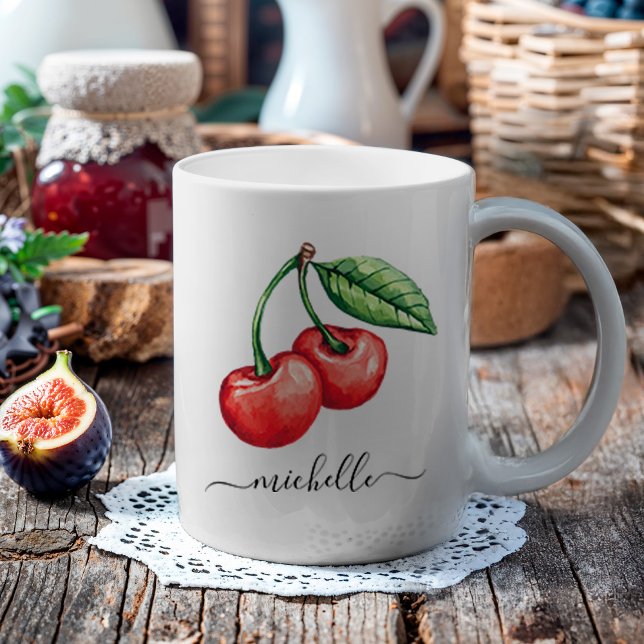 Watercolor Cherries Monogram Kaffemugg (These watercolor red cherries make a great fruit design, and you can personalize this with your name)