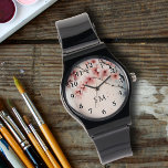 Watercolor Cherry Blommar Blommigt Girly Monogramm Armbandsur<br><div class="desc">Lägg till en Elegance-Touch med den här Blommigten av Blommarna för vattenfärgen Cherry Girly Monogrammed Watch! Med en delikat vattenfärgsdesign för körsbärsfärgen i skuggor av rosa och blått kombinerar den här blommarna skönhet och funktionalitet. Svart typografi-nummer ram i designen, medan personlig initialer eller monogram i elegantens svarta skript lägger till...</div>