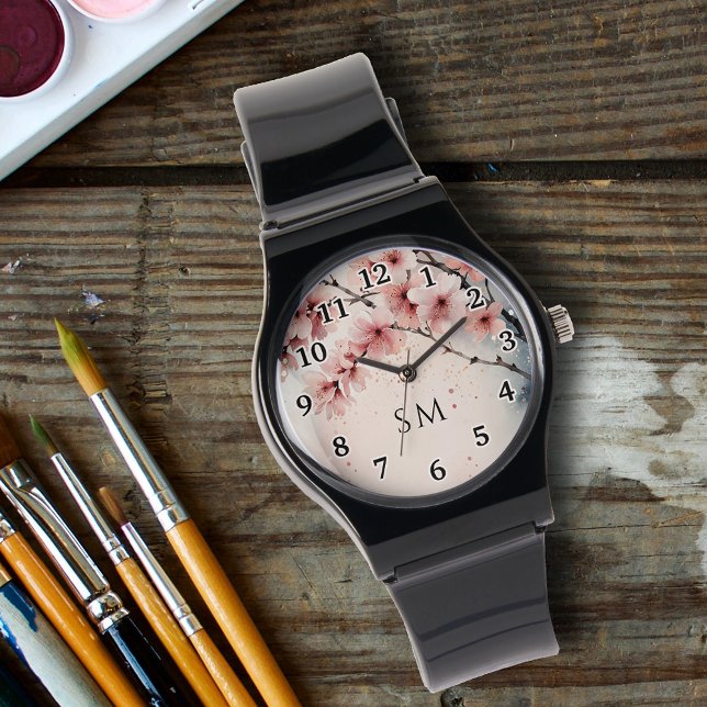 Watercolor Cherry Blommar Blommigt Girly Monogramm Armbandsur (Skapare uppladdad)