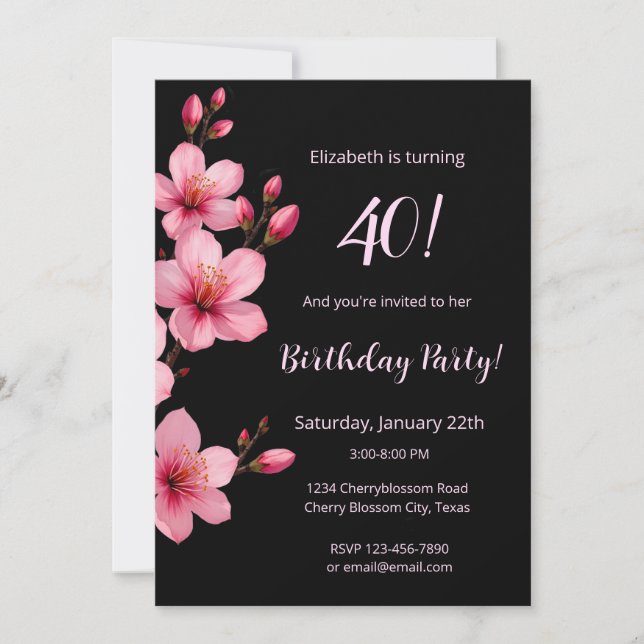 Watercolor Cherry Blommars Rosa Black Birthday Inbjudningar (Framsida)