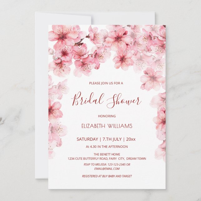  Watercolor Cherry Blossom Bridal Shower Inbjudningar (Framsida)