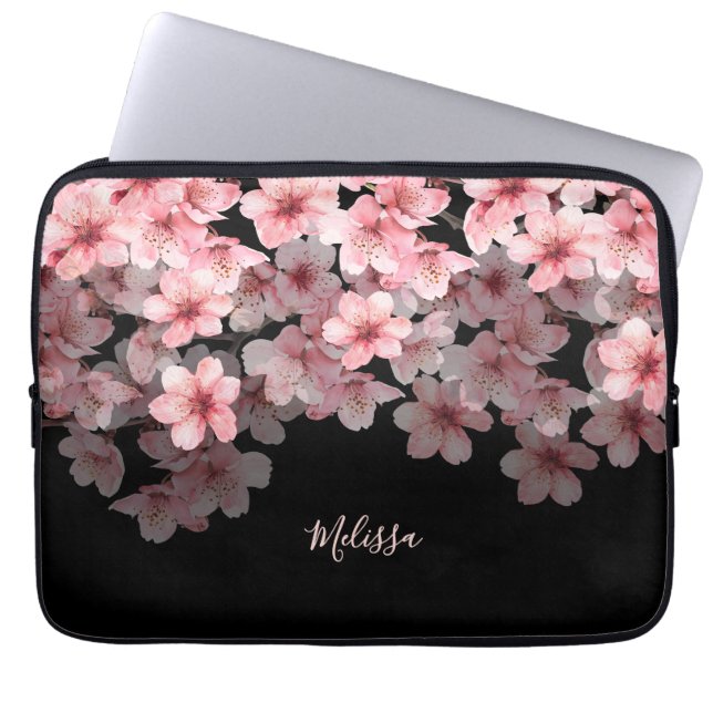 Watercolor Cherry Blossoms Black Pink | Your Name Laptop Fodral (Framsidan)