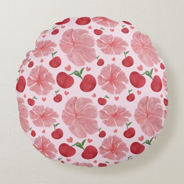 Watercolor Cherry Floral Pattern, Cute Cherries  Rund Kudde (Framsidan)