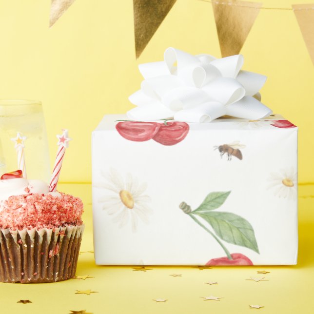 Watercolor Cherry Pattern Wrapping Paper Presentpapper (Födelsedagsfest)
